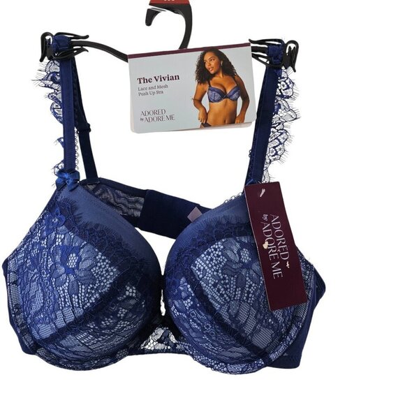 Adore Me Woman’s Blue Vivian Lace Mesh Push Up Underwire Bra – Size 38C NWT - Picture 5 of 15